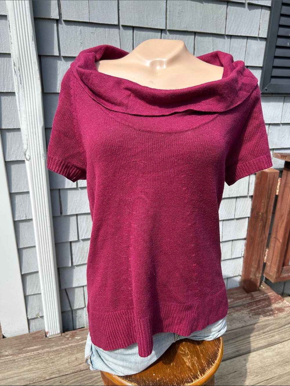 Coldwater Creek Short-Sleeve Cowl Neck Sweater - Berry Plum - med - pattern- sof